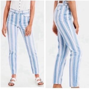 American Eagle Mom Jeans in Retro Indigo Stripe blue white high rise size four